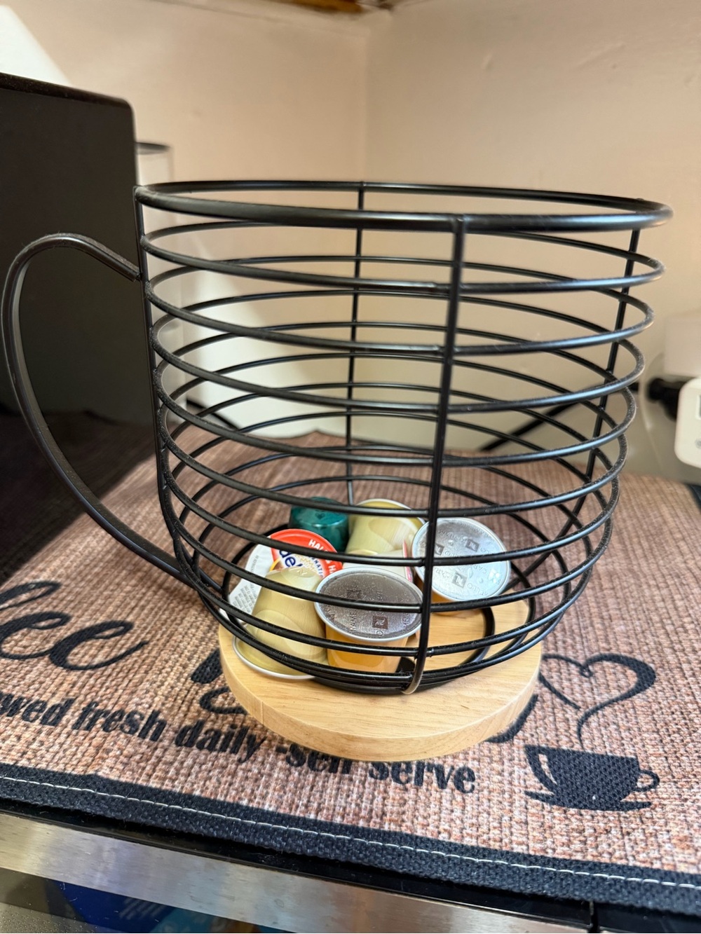 Coffee Pod Holder Metal Wire Basket with Wooden Base & Handles for Coffee pods